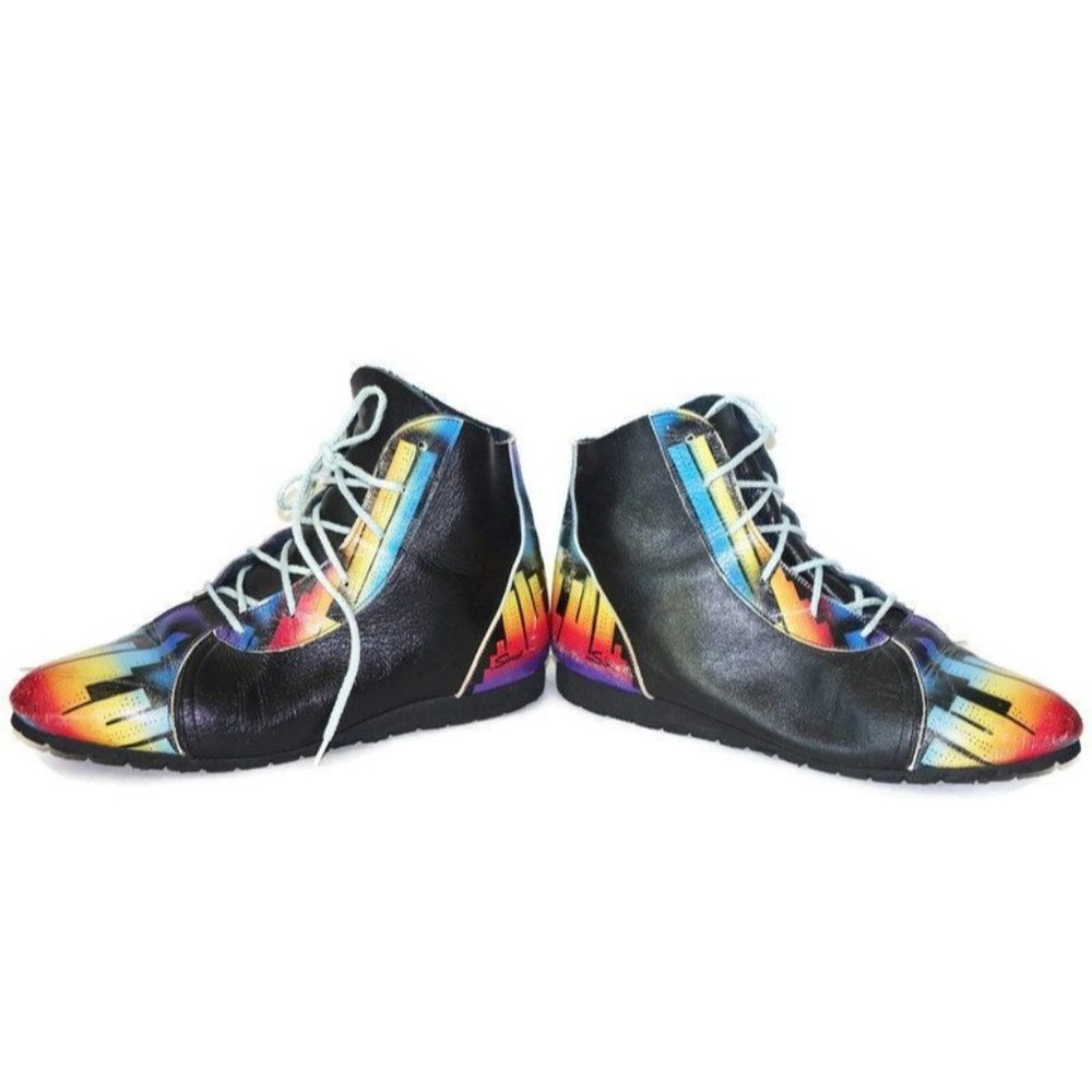 Vintage Ankle Boots Airbrushed City Skyline Painted Booties Black Leather - Picture 5 of 10